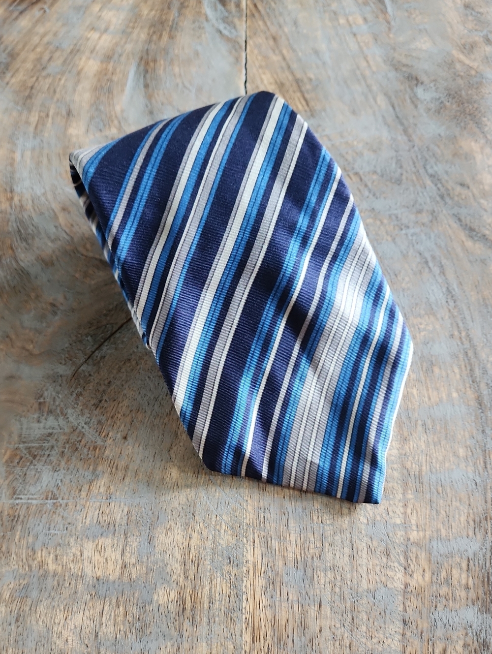 Vintage Yves Saint Laurent YSL Silk Necktie Navy Blue Striped Classic Designer